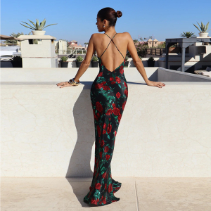 Spring Summer Strap Backless Deep V Plunge Printed Slim Dress
