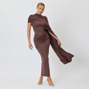 Round Neck Shoulder Wrap Solid Color Slim Fitting Patchwork Ribbon Dress