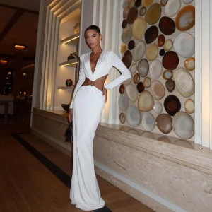 Fall Waist Hollow Out Cutout V neck Long Sleeve Slim Hip Bag Dress