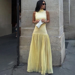Summer High Collar Slim-Fitting Patchwork Maxi Polka Dot Dress