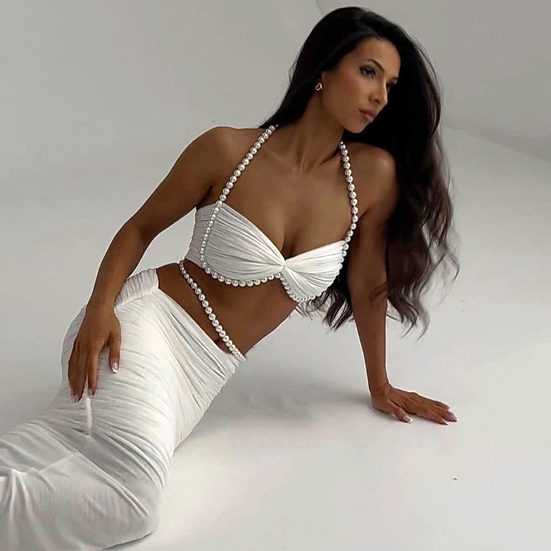 Autumn Winter Pearl Decoration Cropped Wrapped Chest Low Waist Hip Wrapped Long Skirt Set 2 Autumn Winter Pearl Decoration Cropped Wrapped Chest Low Waist Hip Wrapped Long Skirt Set - Image 2