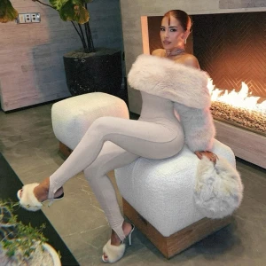 Autumn Winter Plush Stitching High Waist Slim Solid Color Jumpsuit