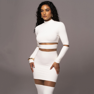 Round Neck Long Sleeved Stitching See through Maxi Dress