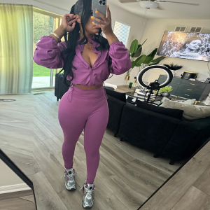 Spring Autumn Drawstring Waist Cropped Top High Waist Tight Trousers Suit