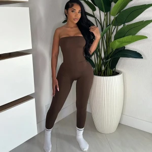Autumn Winter Slim Fit Tube Top Backless Tight Fitting Solid Color Sports Trousers Jumpsuit