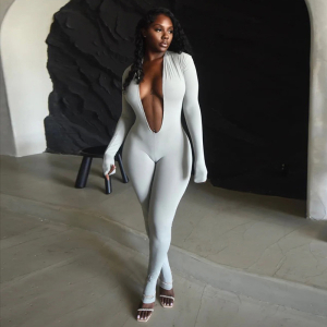 Fall Backless Deep V Plunge Long Sleeve Solid Color Tight Jumpsuit