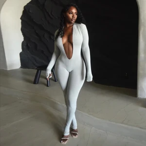 Fall Backless Deep V Plunge Long Sleeve Solid Color Tight Jumpsuit