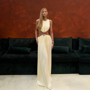 Fall Waist Hollow Out Cutout Maxi Dress Round Neck Sleeveless Solid Color Dress