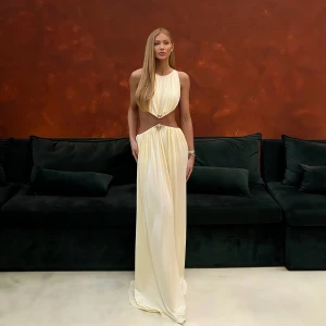 Fall Waist Hollow Out Cutout Maxi Dress Round Neck Sleeveless Solid Color Dress