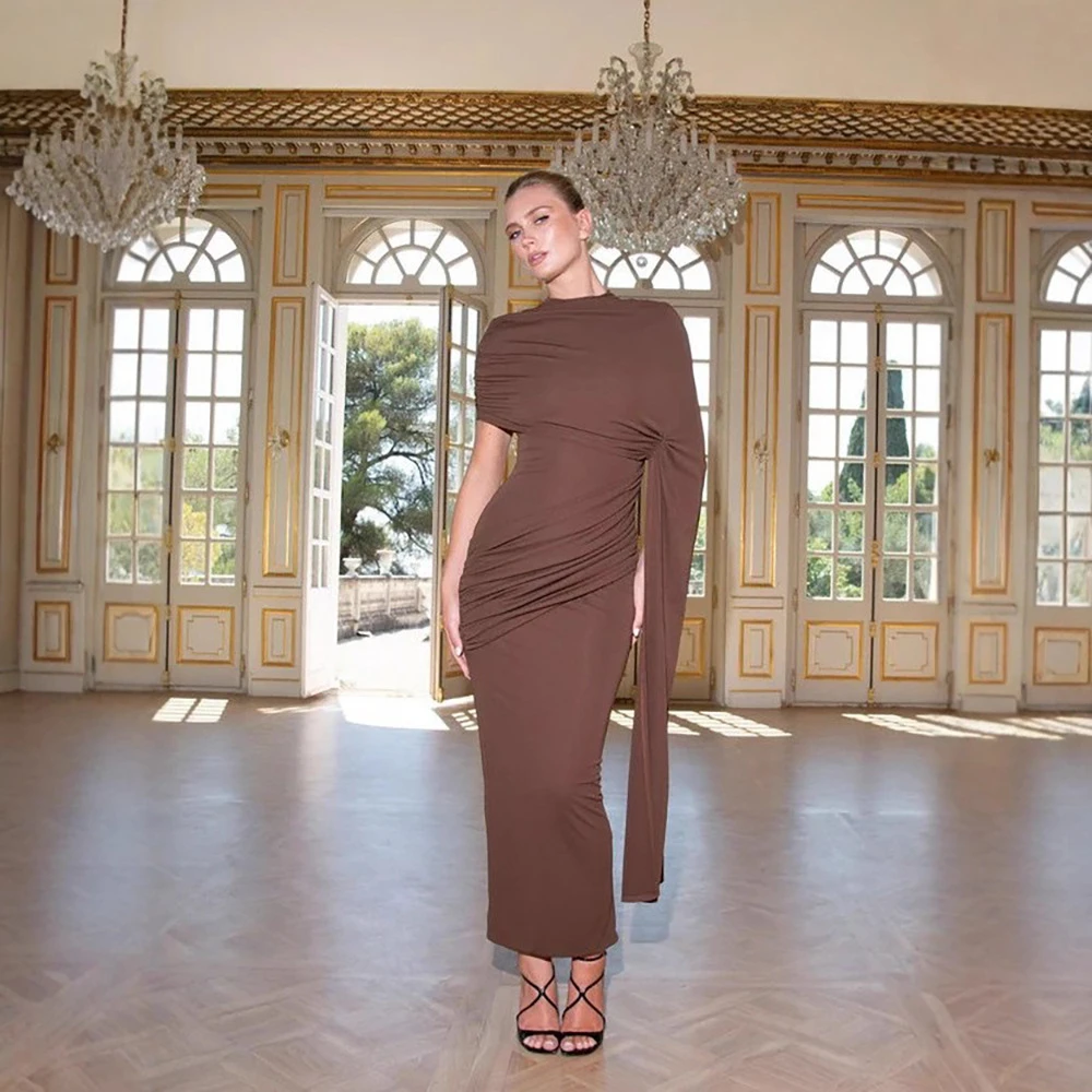 Round Neck Shoulder Wrap Solid Color Slim Fitting Patchwork Ribbon Dress 4 Round Neck Shoulder Wrap Solid Color Slim Fitting Patchwork Ribbon Dress - Image 4